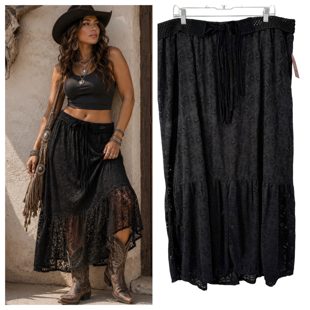 NWT VTG Y2K Black Crochet Lace Midi Skirt 4X 26-28W Boho Fringe Tie Belt Western